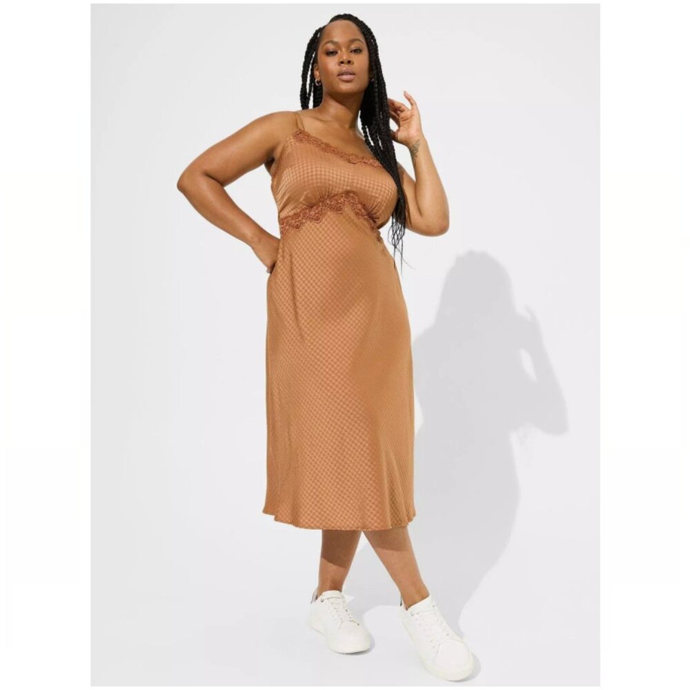 torrid Caramel Slip Midi Dress with Lace Trim